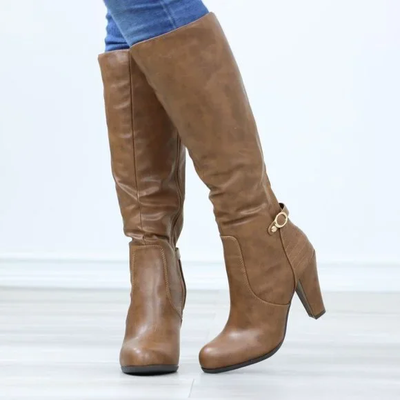 Tan Below The Knee Faux Leather Boots Round Toe Classy Cone Heeled - Picture 10 of 14